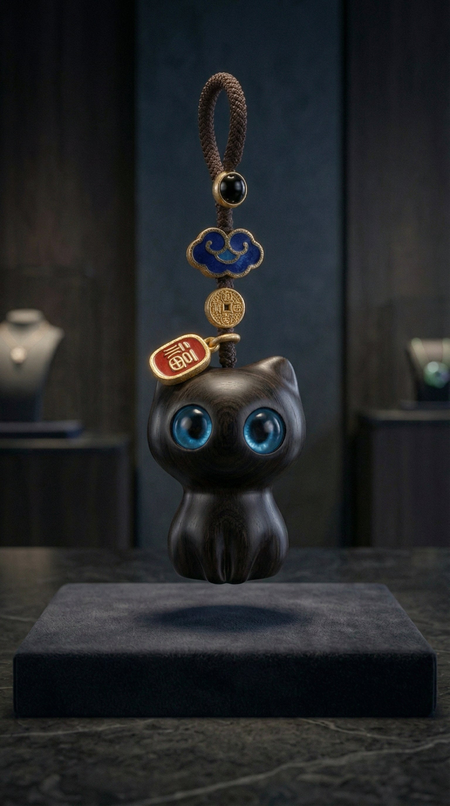 Sandalwood Cat Keychain - Obsidian