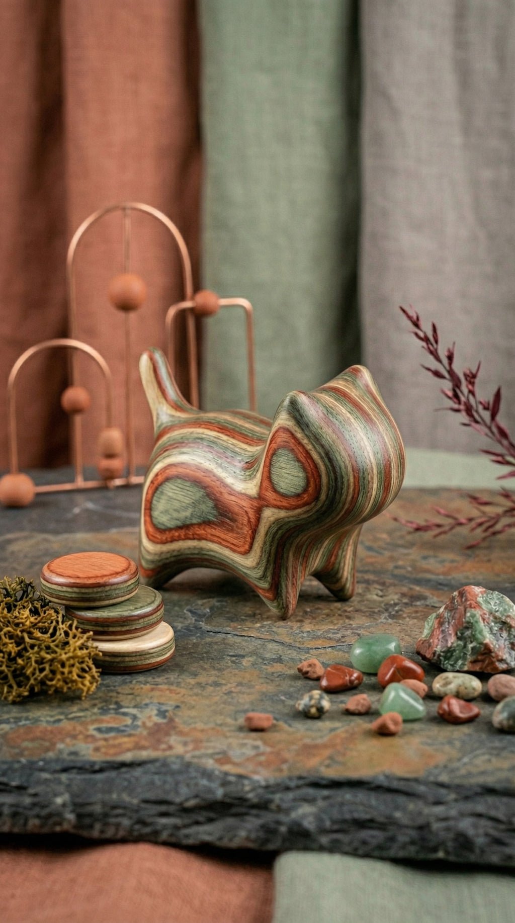 Rainbow Wood Cat Sculpture - Earth