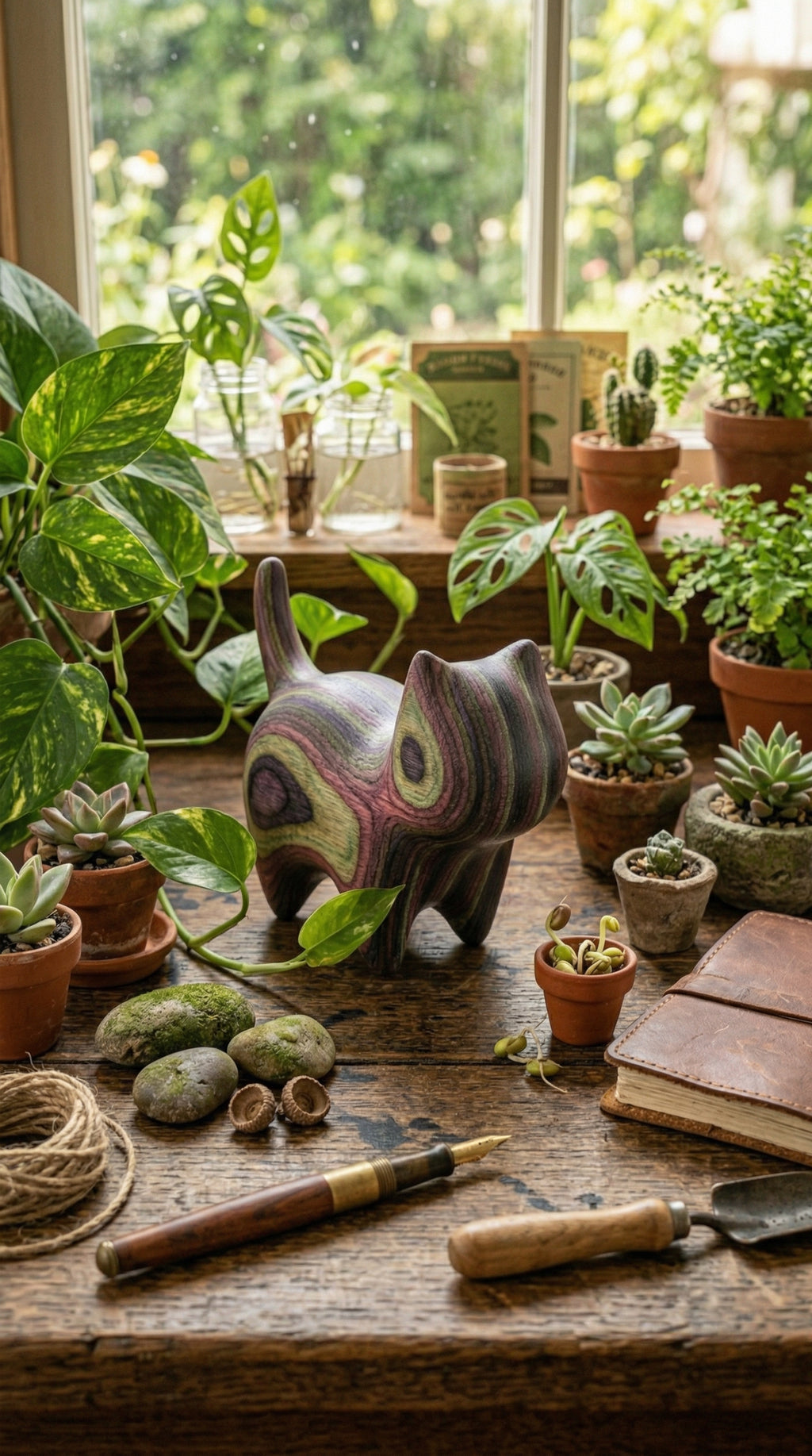 Rainbow Wood Cat Sculpture - Forest